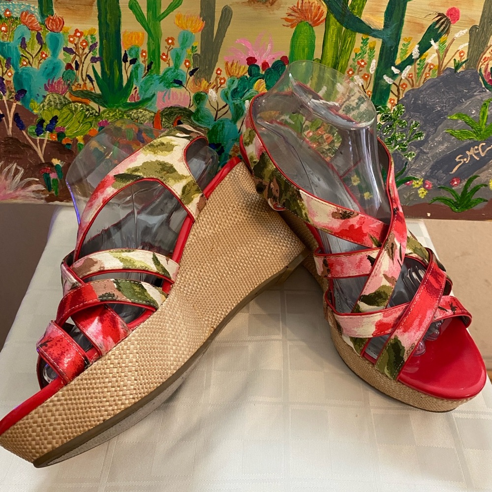 Marc Fisher Gleena Floral Wedge Sandals - Red and Green, Size 10M